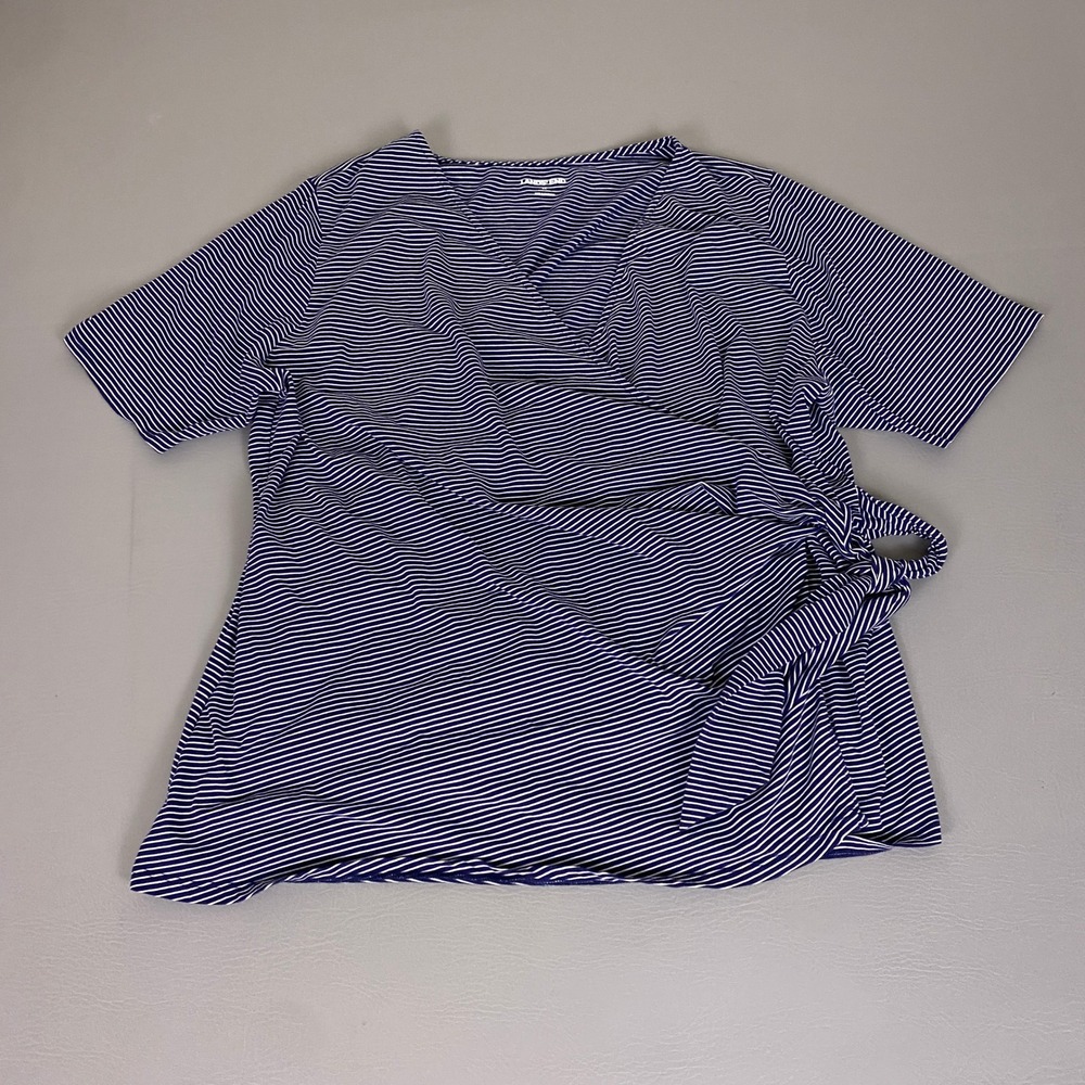 Lands End Top Women's 3X Navy Blue White Striped Short Sleeve Faux Wrap Tie Side